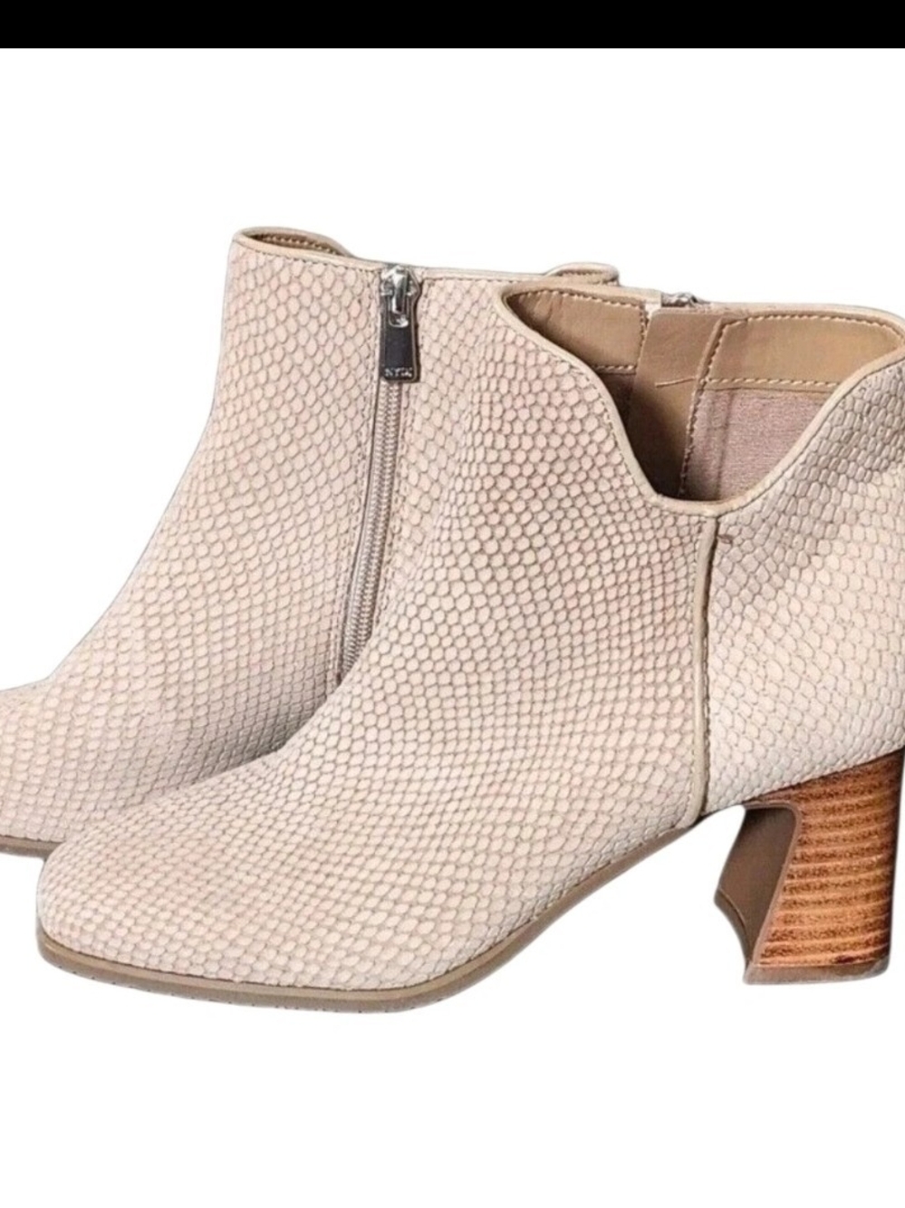 Women’s Cream Textured Side-Zip Ankle Booties with Stacked Heel